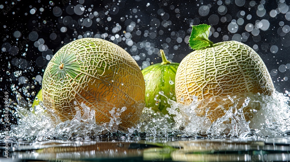 Poster Cantaloupes submerged in clear water with gentle ripples spreading around them on a black background evoking a serene and refreshing atmosphere Stock Photo with copy space