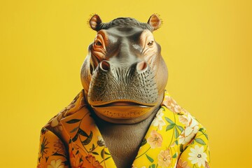 Funny hippo wearing a colorful tropical shirt, anthropomorphic animal in stylish outfit, humorous animal fashion, hippo in floral attire, bright yellow background, comical fashion concept