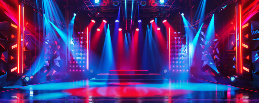 A colorful dance stage with red and blue spotlights highlighting different areas. The backdrop features geometric light patterns that enhance the modern, lively setting.