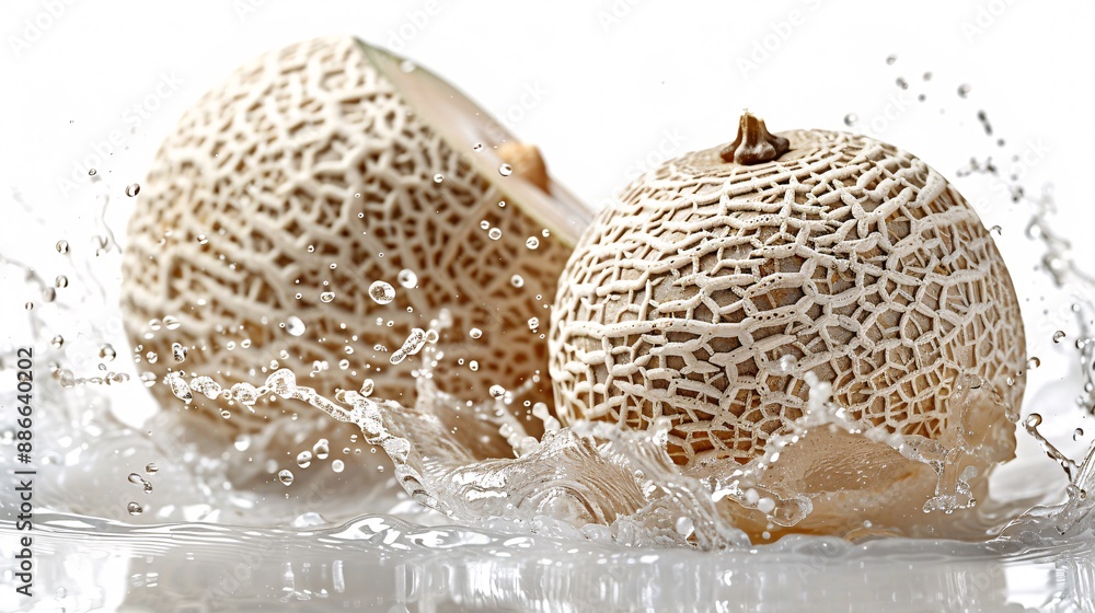 Poster whole cantaloupes plunging into water with droplets cascading around them against a white background