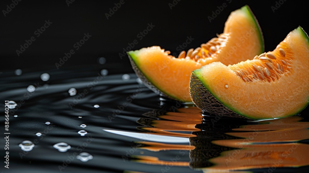 Poster sliced cantaloupes gently dropped into water creating gentle ripples and reflections on a black back