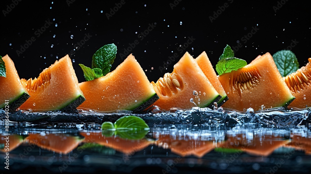Poster sliced cantaloupes gently dropped into water creating gentle ripples and reflections on a black back