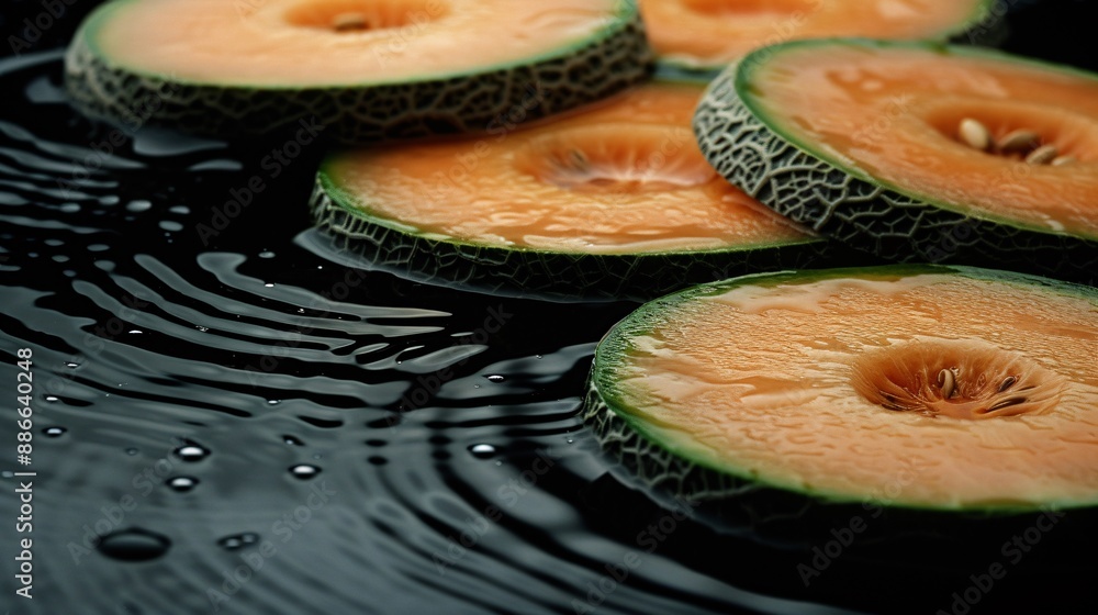 Poster sliced cantaloupes gently dropped into water creating gentle ripples and reflections on a black back