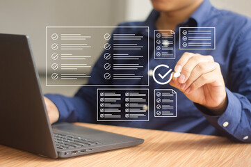 man answer and fill out survey questionnaire online form  , electronic feedback data  concept