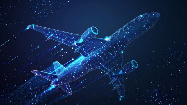A 3D wireframe representation of an airplane, isolated against a dark blue background in an abstract vector style
