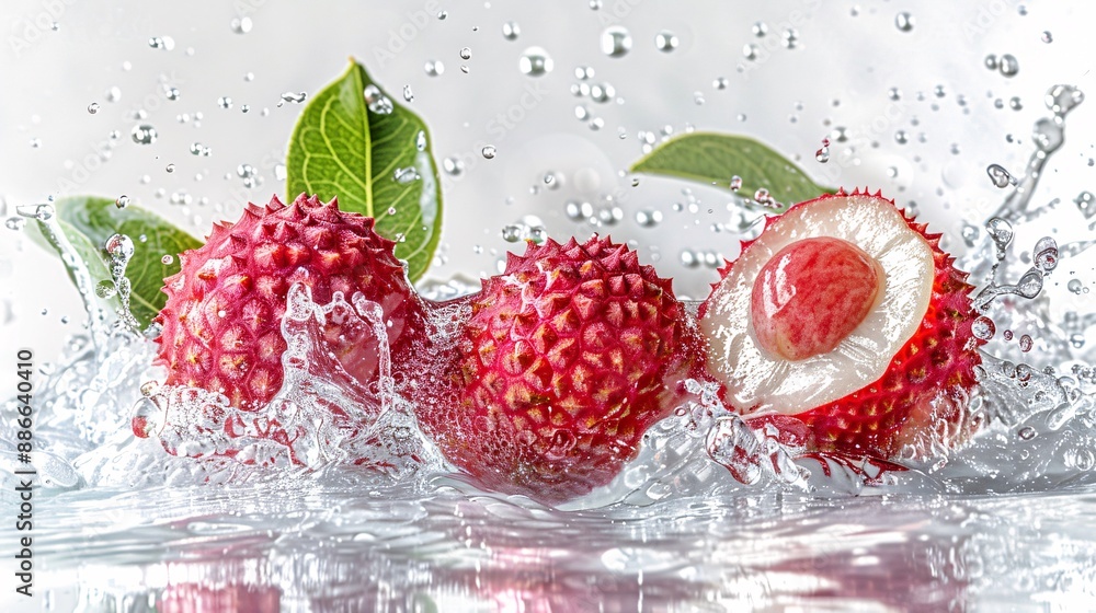 Aufkleber Lychee halves submerged in water creating dynamic splashes and waves against a white background highlighting their juicy texture Stock Photo with copy space