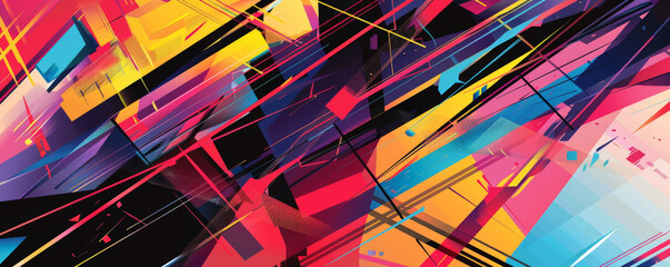 Abstract background with overlapping lines and geometric shapes in bold, contrasting colors, forming a dynamic, energetic composition with a sense of depth and movement.