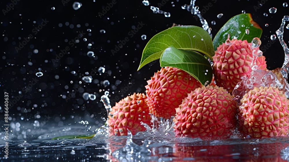 Poster ripe lychees falling into water capturing the moment of impact with a splash on a black background s
