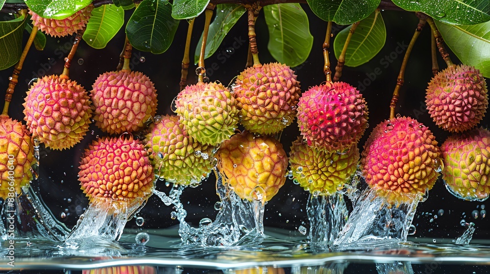 Poster ripe lychees falling into water capturing the moment of impact with a splash on a black background s