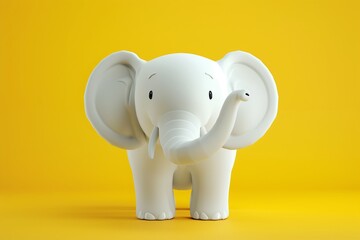 Cute white elephant toy, adorable plush animal, children's figure on a bright yellow background, playful and charming decor for kids' room, nursery theme, elephant toy concept
