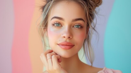 Fototapeta premium A social media user sharing everyday makeup tips with a colorful pastel background