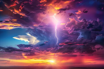 Obraz premium Generative ai on theme of scary bright electric lightning bolt with branches in the night dark sky