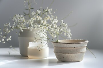 White jar and ceramic bowl with delicate white flowers, set against a soft gray background