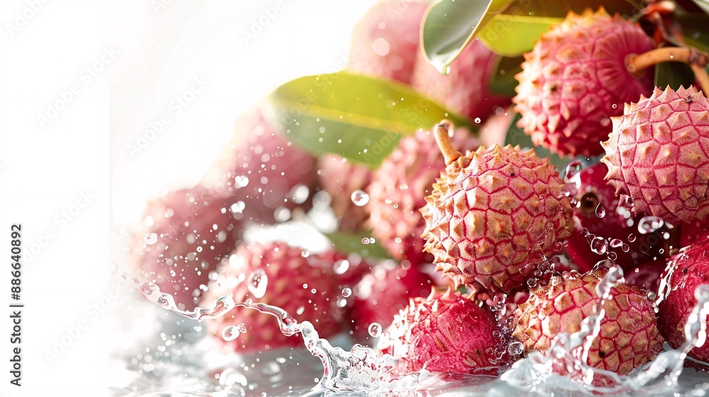 Poster a ripe lychee being tossed into water captured mid splash against a white background highlighting it