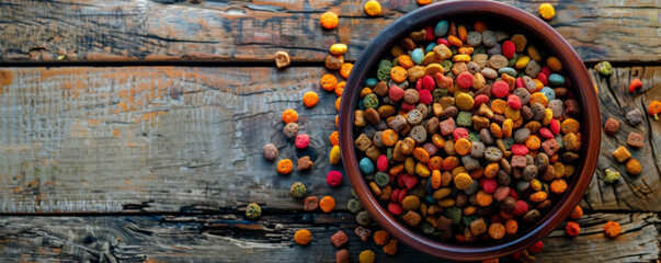 A close-up of a bowl of dry cat food with colorful kibble pieces, placed on a vintage wooden table. The vibrant colors of the kibble stand out against the aged wood.