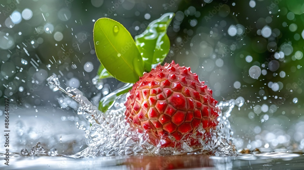Poster a ripe lychee being tossed into water captured mid splash against a white background highlighting it