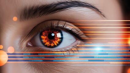 Human Eye Reflecting Data Streams with Digital Code Overlay in Vibrant Colors


