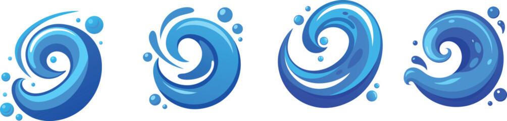 set of Blue water swirl splash with little bubbles isolated on clear white background, liquid flowing in form of wave
