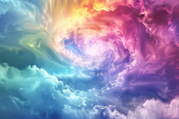 Generative ai on theme of beautiful tranquil landscape with magical bright rainbow at cloudy sky