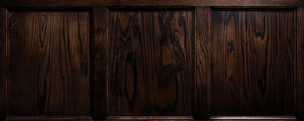 A macro shot of high-quality, dark-stained oak paneling with a smooth, polished finish. The deep color and fine grain patterns exude sophistication and luxury.