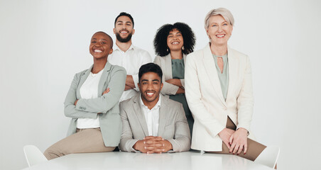 Happy, team portrait of business people by desk for legal company, commitment and leadership....