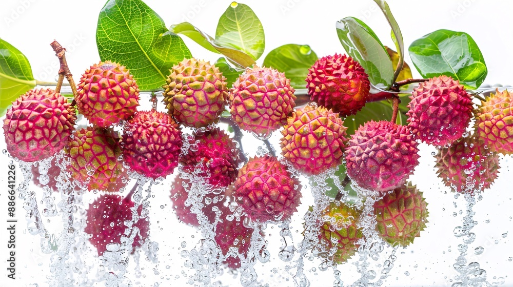 Poster whole lychees plunging into water with droplets cascading around them against a white background sho