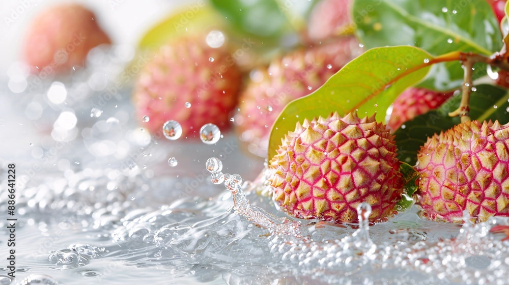 Poster whole lychees plunging into water with droplets cascading around them against a white background sho
