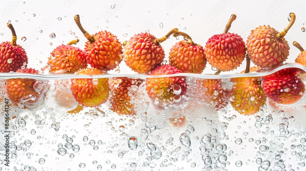 Poster whole lychees plunging into water with droplets cascading around them against a white background sho