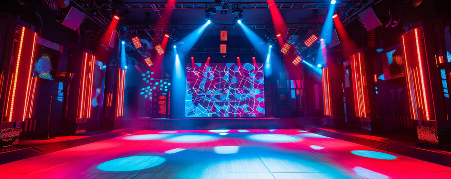 A colorful dance stage with red and blue spotlights highlighting different areas. The backdrop features geometric light patterns that enhance the modern, lively setting.