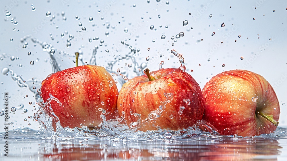 Poster red delicious apples splashing into clear water with droplets frozen mid air against a white backgro
