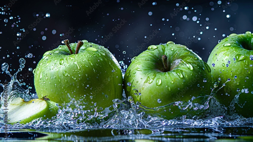Aufkleber granny smith apple slices splashing in water with vibrant green color contrasted against a black bac