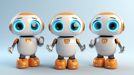 Obraz premium Three Cute robot friendly digital assistant character with glowing blue lights