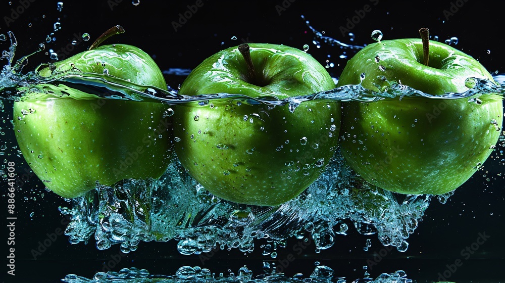 Poster granny smith apple slices splashing in water with vibrant green color contrasted against a black bac