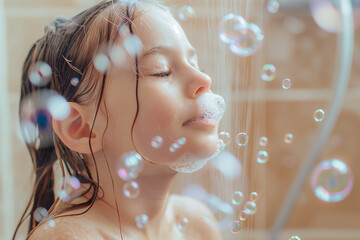 Happy girl blowing soap bubble while taking a shower.