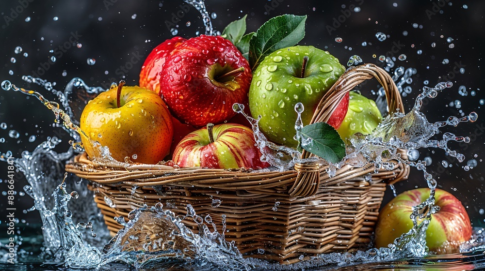 Aufkleber a basket of assorted apples including red delicious granny smith and fuji splashing in water with a 
