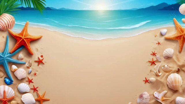Animation Tropical beach with sea stars and shells in sand background with copyspace for text, Concept of summer relaxation, tourism and vacations