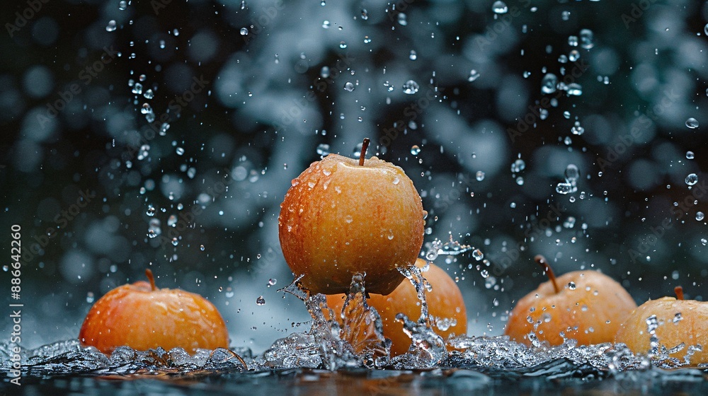 Poster fuji apples falling into water with an orchard in the background, blending nature and freshness stoc