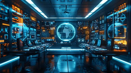 Futuristic Control Room with Holographic Displays and Assistants for Advanced Business Networking and Communication