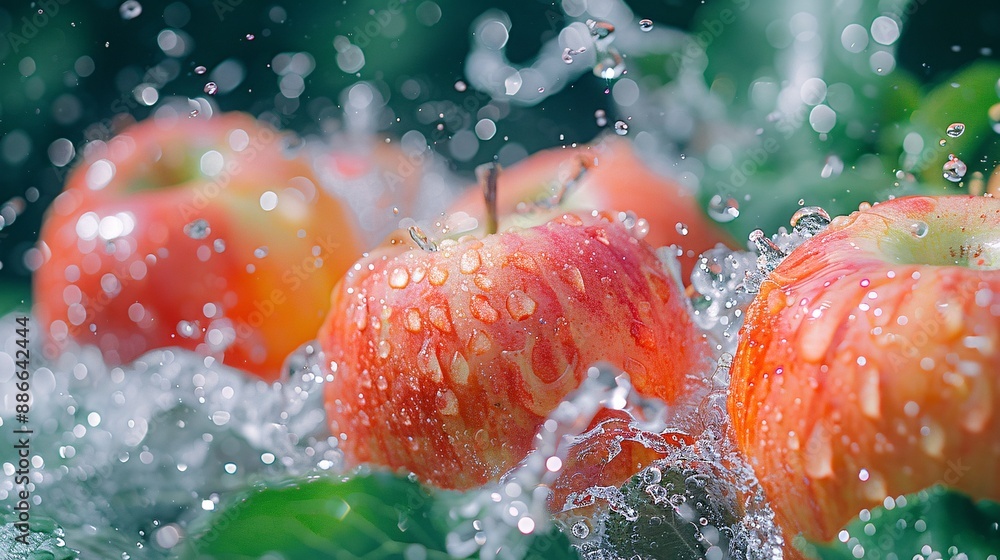 Poster People picking apples in an orchard with a focus on Granny Smith apples being splashed with water for a refreshing effect Stock Photo with copy space