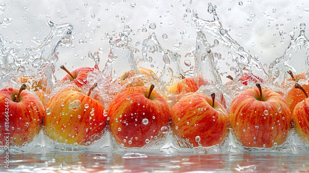 Poster a variety of apples including red delicious and fuji, floating and splashing in water against a sere