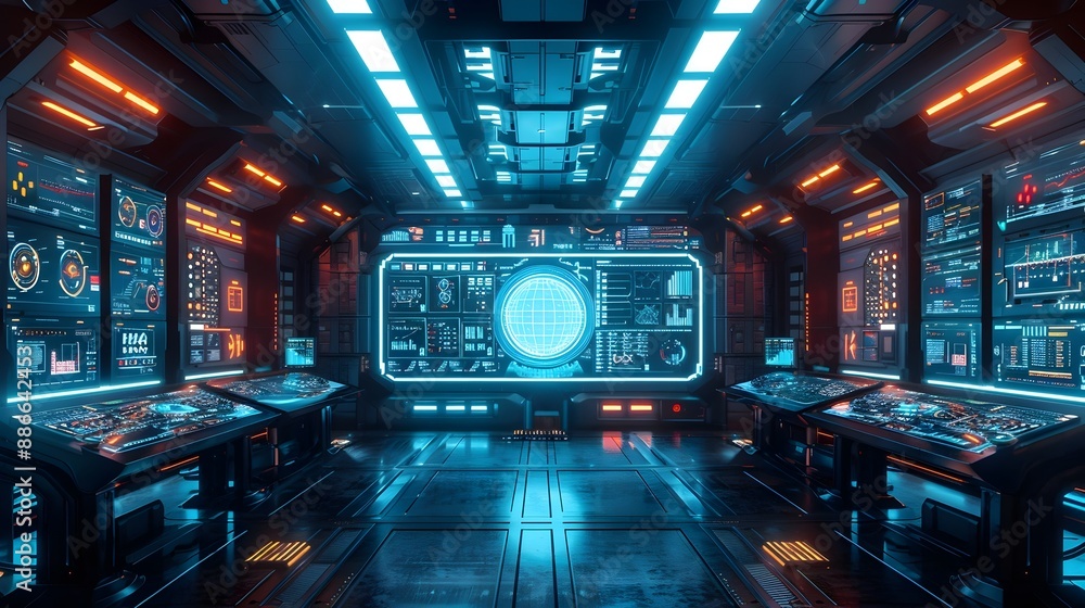 Poster futuristic ai powered control room with holographic displays for advanced business networking and co