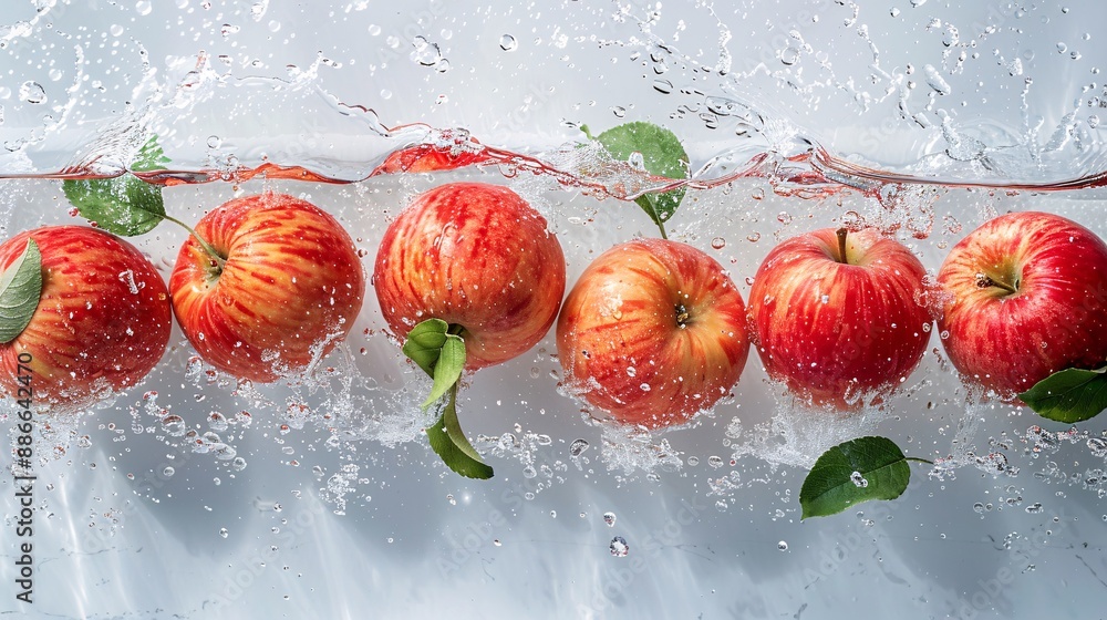 Poster a variety of apples including red delicious and fuji, floating and splashing in water against a sere