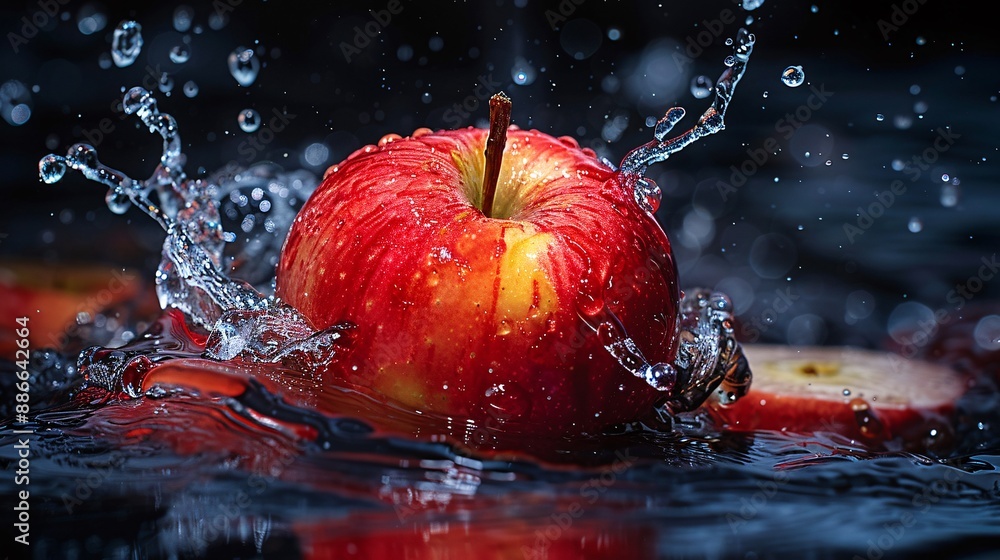 Aufkleber Dynamic shot of a Red Delicious apple being submerged in water creating a vibrant splash on a black background Stock Photo with copy space