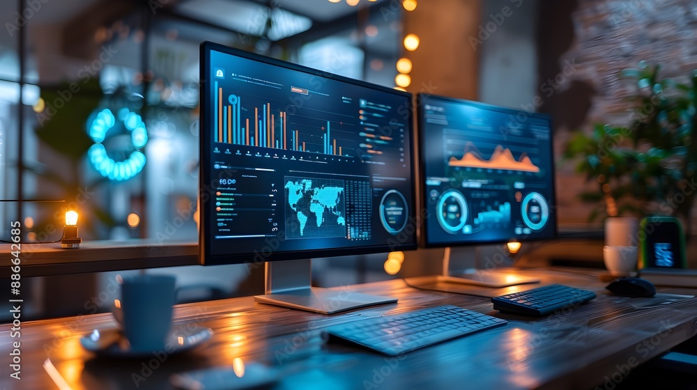 Poster efficient modern workspace with multiscreen data displays for improved business productivity and ins