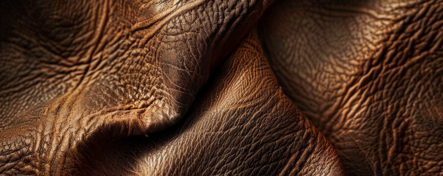 A macro shot of leather with a rough, rawhide texture, showcasing its rugged, natural surface and rich, earthy tones. The texture is unrefined and authentic.