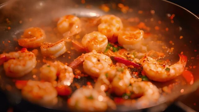 Saut ing shrimp in avocado oil with garlic and chili flakes in a pan.