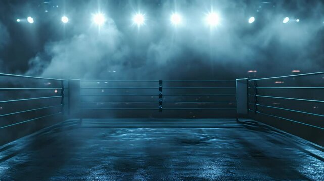 Professional boxing ring with spotlights and smokey background, martial arts sport