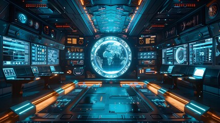 Futuristic Control Room with Holographic Displays and Assistants Showcasing the Future of Business Networking and Communication