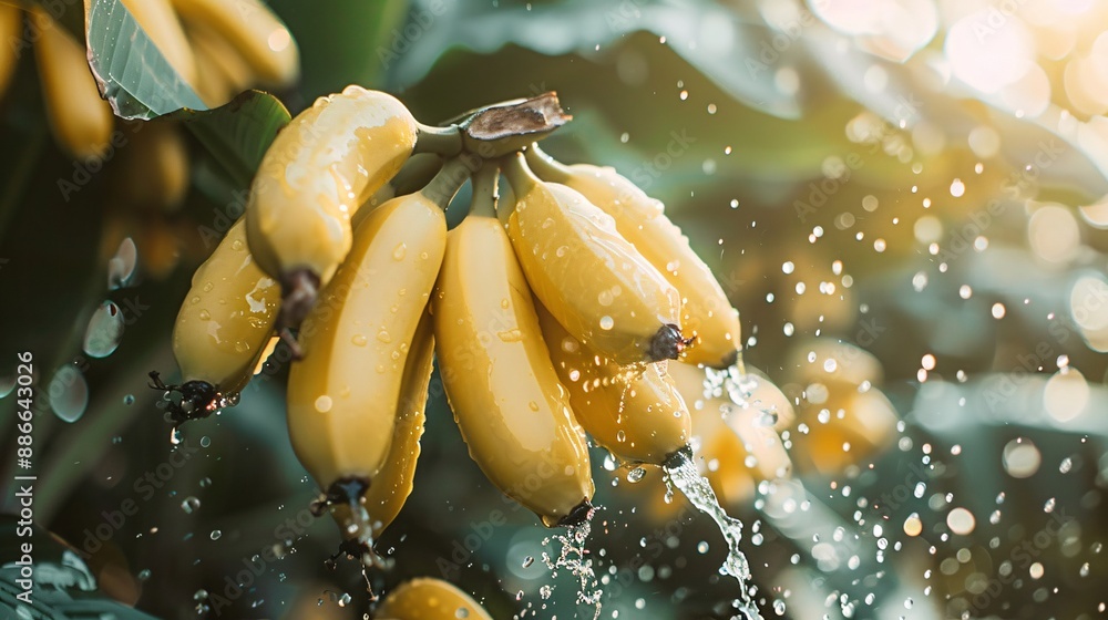 Poster People picking Cavendish bananas in a plantation with a focus on the fruit being splashed with water for a refreshing effect. Stock Photo with copy space