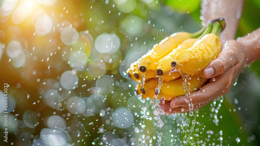 Aufkleber people picking cavendish bananas in a plantation with a focus on the fruit being splashed with water